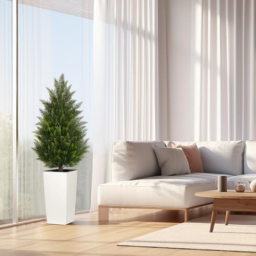 4FT Tall 2 Pack Artificial Cedar Topiary Trees with Compact Pyramidal Shape, Realistic Faux Cypress in Square White Pot with Fillable Water Bag, Outdoor Evergreen for Front Porch Garden Home Decor - color: White-pyramid Topiary, size: 4ft-2pack