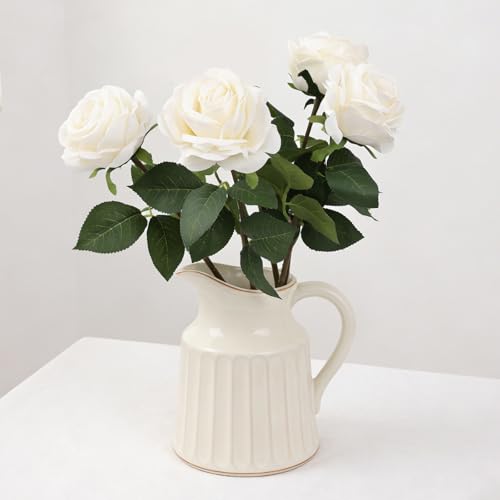 Artificial Rose Flowers, 4Pcs Real Touch Long Stem Faux Roses, Lifelike Latex Roses for Wedding Bouquet, Table Centerpiece, Home Decor, DIY Floral Arrangement, White - color: White
