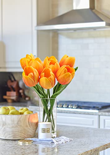 Briful Fake Flowers Artificial Tulip Flower Orange in Clear Vase, Real Touch Foam Tulip Arrangement Suitable for Home Office Decoration, Dining Table Centerpiece - color: Orange