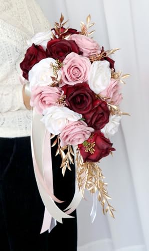 9.8 Inch Cascading Bridal Bouquet Waterfall Cascade Bridal Wedding Bouquet for Bride with Artificial Rose Flower Ribbon Rustic Burgundy and Blush Pink - color: Burgundy & Blush Pink