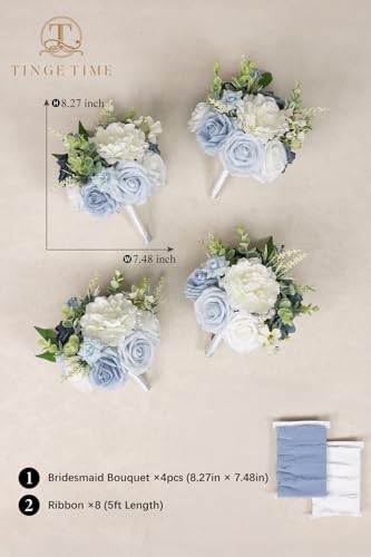 TINGE TIME 7 Inch Artificial Flowers Wedding Bouquets for Bridesmaid, Set of 4, Dusty Blue Bride Tossing Bouquet for Rustic Wedding Ceremony Bridal Shower Rehearsal Dinner Vintage Party - color: Dusty Blue & White