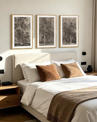 PHOPAGO Vintage Tree Framed Wall Art Large 16x24in Retro Forest Wall Decor Nature Wilderness Sketch Paints Modern Bedroom Living Room Decor - Natural Framed - color: Brown Tree, size: 24L" x 16W" x 3 Pcs Natural