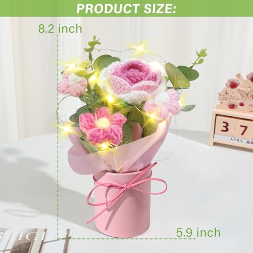 Vynora Crochet Daisy Flowers Bouquet, Valentine's Day Handmade Daisy Artificial Flowers with Card for Mother's Day, Birthday, Wedding, Home Decor, Teacher's Day, Grandma Bday Gift (Pink) - color: Pink