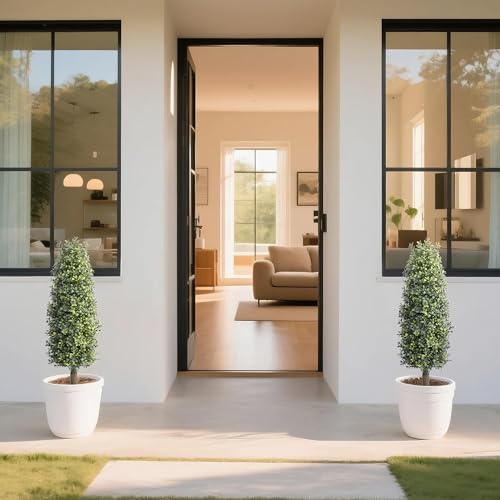 36" Artificial Boxwood Topiary Trees with Ground Spike Set of 2, Outdoor 3ft Faux Boxwood Topiaries Cone Bushes Trees Fake Shrubs Plants Front Porch Decor Outside Garden - size: Boxwood 36 inch