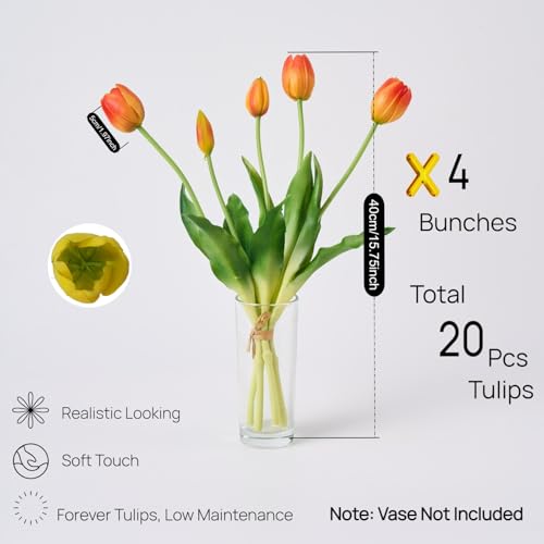 Avoeco 20Pcs Artificial Tulips Flowers Real Touch Latex – Faux Tulips Bouquet for Home Decor, Wedding Centerpieces, Spring Floral Arrangements, Fake Flowers for Vase Decoration (20, Orange) - color: Orange
