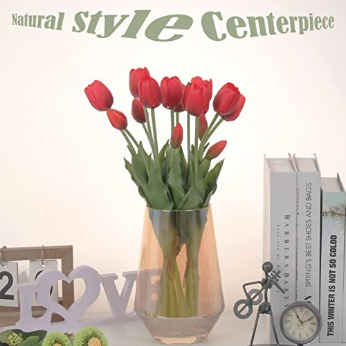 20pcs Artificial Tulip Flowers,16 Inch Real Touch Tulip Stems with Faux Leaves, Faux Tulips and Buds for Home Décor Centerpiece Ornament Wedding Bouquet,Red - color: Red