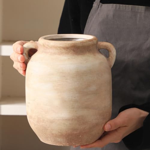 Ceramic Flower Vase Home Decor - 7.6 Inch Farmhouse Rustic White Table Vases with Handle Living Room Decoration Decorative Vintage Pottery for Kitchen Shelf Coffee Dining Desk Bookshelf Fireplace - color: A-7.6" Rust