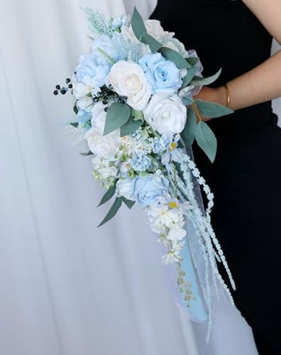 9.8 Inch Cascade Bridal Bouquet for Bride with Artificial Rose Flower Greenery Rustic Cascading Bridal Bride Wedding Bouquet Flower Wedding Champagne and Light Blue - color: Light Blue & Champagne