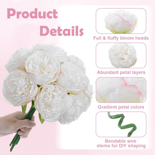 10PCS White Realistic Silk Peonies Bouquet, Waterproof & UV Resistant Faux Peony Flowers, All-Weather Artificial Stems for Outdoor, Grave, Wedding Centerpiece & Home Decor - color: White