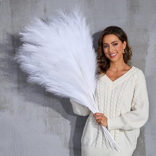 White Pampas Grass Tall, 9 PCS 43''/ 110 cm Large Fluffy Faux Pampas Grass, Fake Pompas Branches, Long Feathers for Floor Vase, Boho Flower Arrangement for Home Wedding Decor (White) - color: White