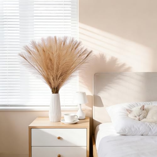50pcs Khaki Pampas Grass 21.6 Inch Non-Shedding Faux Pampas for Earthy Neutral Home, Boho Weddings and Olive Tone Vase Arrangements - color: Khaki
