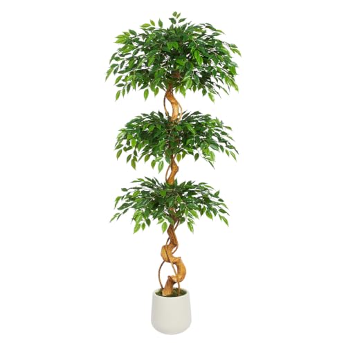 6FT Artificial Ficus Tree, 72in Fake Silk Tree with Natural Curved Trunk & 1860 Lush Leaves, Floor Faux Plant with White Pot, Low Maintenance Decor for Home, Office, Patio - color: Ficus Tree 6ft