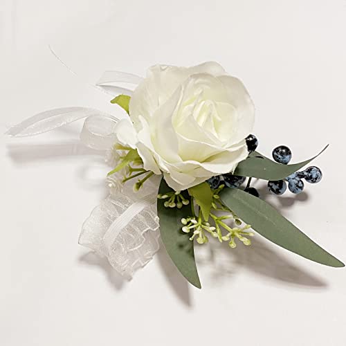 Corsage and Boutonniere Set, Handmade Artificial Peony Rose Wrist Corsage Wristlet and Groom Boutonniere for Men Wedding Prom Suit Decorations (White Rose Blue Berry) - color: White Rose Blue Berry