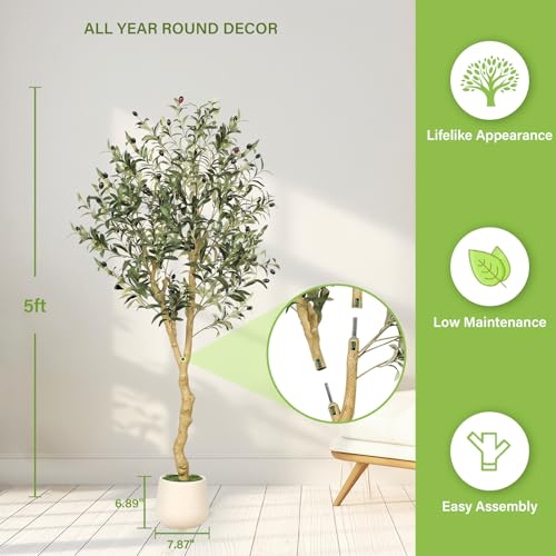 FEELEAD 5ft Faux Olive Tree Artificial Indoor with Planter - Realistic Potted Silk Olive Tree with Natural Looking Trunk, Fake Tree for Home Office Living Room Decor, Weighted Base - size: 5ft