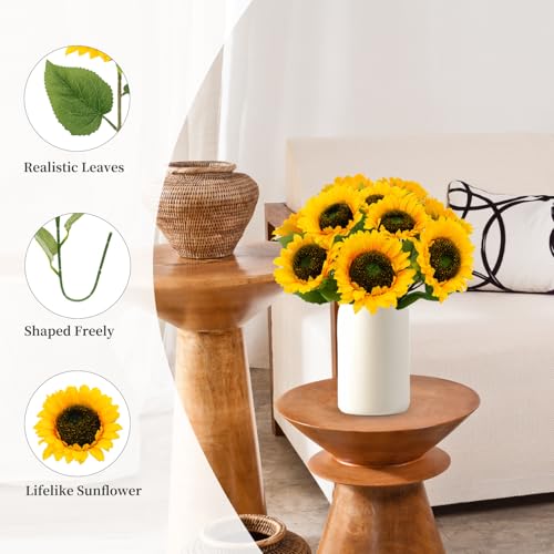 10 Pcs Artificial Sunflowers, Sunflowers Artificial Flowers with Stems, Faux Silk Huge Fake Flower Bouquet for Vase Decor Wedding Table Home Porch Indoor Outdoor Cemetery Decoration (Yellow, 4-Inch) - size: 4-Inch