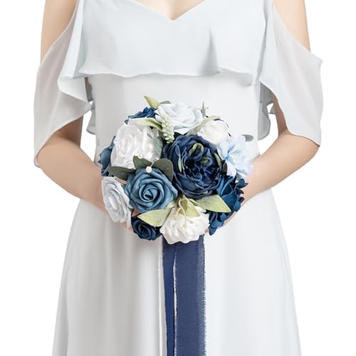 Ling's moment Navy Blue Artificial Wedding Flower Bouquet for Bridesmaid White Floral Bouquet Dusty Blue Bridal Bridesmaid Bouquets with Ribbon Ceremony Anniversary,7-inch Diameter - color: Blu-noble Navy Blue