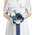 Ling's moment Navy Blue Artificial Wedding Flower Bouquet for Bridesmaid White Floral Bouquet Dusty Blue Bridal Bridesmaid Bouquets with Ribbon Ceremony Anniversary,7-inch Diameter - color: Blu-noble Navy Blue