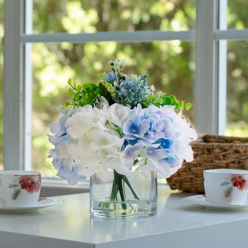 ENOVA FLORAL Artificial Hydrangea Flowers in Vase, Mixed White and Blue Silk Hydrangea in Vase with Faux Water for Dining Table Centerpieces, Home Decor Indoor (FL-159-BlueCream) - color: Fl-159-bluecream