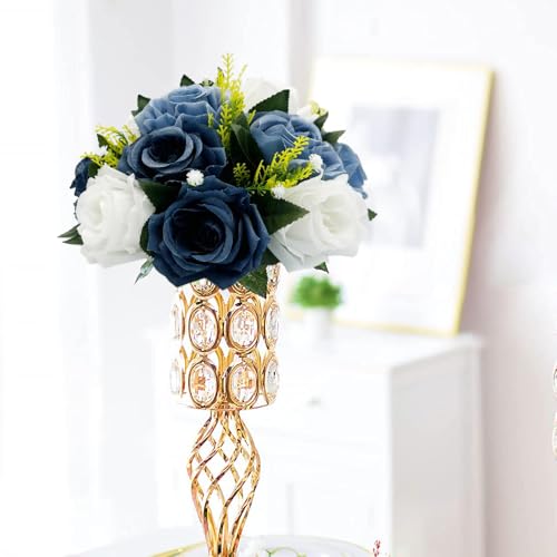 10Pcs Fake Flower Ball Arrangement Bouquet, 9.5" 15 Heads Plastic Roses with Base,Suitable for Parties Valentine's Day Wedding Centerpiece Flower Rack and Home Décor (Dusty Blue & White) - color: Dusty Blue & White