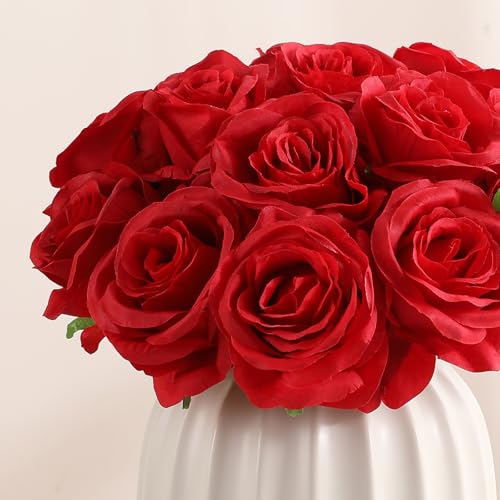 Veryhome Artificial Flowers Silk Roses Fake Bridal Wedding Bouquet for Home Garden Party Floral Decor 10 Pcs (Red Curved stem) - color: Blooming Rose - Red
