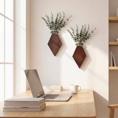 Chunful 2 Pcs Wooden Wall Planter Decor Hanging Faux Plants Greenery Flowers Holder Vase Boxes for Wall Bohemian Farmhouse Room Kitchen Office Indoor Decoration(Brown,9.8 x 6.6 x 1.2 Inches) - color: Brown, size: 9.8 x 6.6 x 1.2 inches