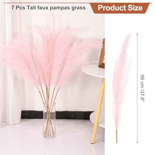 PATIKIL 37.8in Tall Pampas Grass Decor, 7pcs Large Artificial Pampas Grass Bulk Long Fluffy Faux Pampas Grass Dried for Home Boho Decor Vase Wedding Wall Ground, Pink - color: Pink
