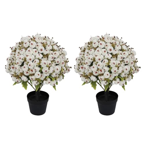 24” Artificial Flowers for Outdoors, Set of 2- UV Resistant Look Real Faux White Mums with Cement Pots, Realistic Fake Plastic Plants for Front Porch Planter Entryway Indoor Decor - color: Chrysanthemum Cream White
