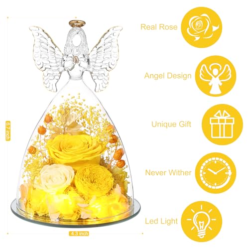 Mothers Day Rose Gifts for Women Preserved Real Flower in Glass Angel Figurines Roses for Delivery Prime Birthday Gifts for Mom Grandma Girlfriend Wife Her,Yellow Austin Roses - color: Yellow With Austin Roses