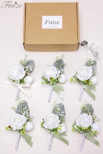 Fnize White Boutonniere for Men, 6 Pcs Groom Groomsmen Boutonnieres, Artificial Flowers for Wedding Prom Homecoming - color: White