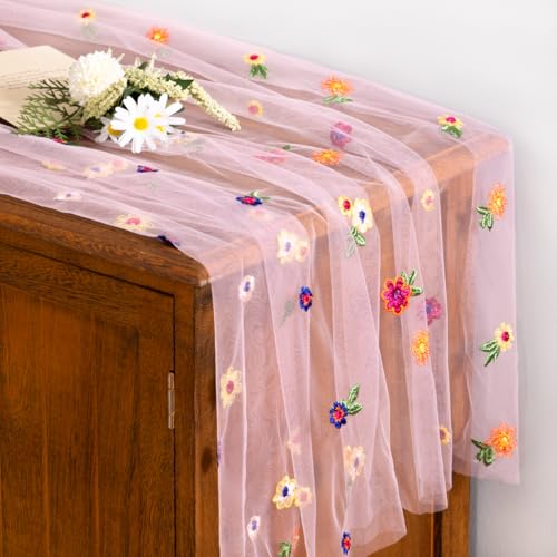 Socomi Flower Table Runner Summer Daisy Floral Tulle Gauze Cheesecloth Embroidery Table Runners for Tea Party Garden Wedding Bridal Baby Shower Birthday Picnic Decor Pink 1pc - color: Daisy Pink, size: 10ft X 1pc