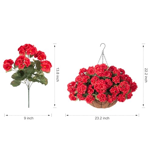 INSPRING Geraniums Artificial Flowers Hanging Basket for Outdoors Outside Spring Decoration, 8 Bundles Silk Flowers Fake Plants Look Real UV Resistant for Porch Home Patio Balcony Yard, Red - color: Red