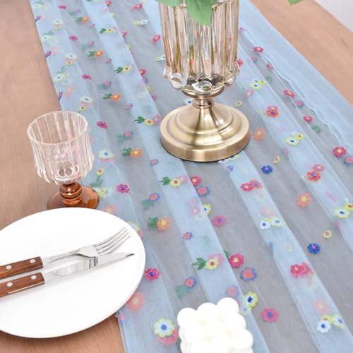 Joanlody 3pcs Blue Embroidery Daisy Spring Summer Table Runner Florals Seasonal Tulle Table Runner for Home Garden Tea Party Holiday Birthday Decoration - color: Blue, size: 10ft x 3pack