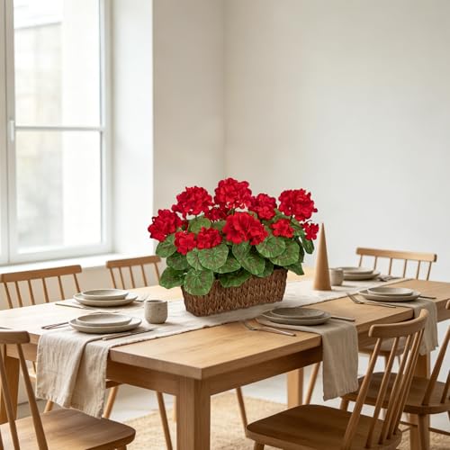 Briful Artificial Geraniums Flowers in Woven Basket Planter, Real Faux Red Silk Geranium Blooms for Outdoor Patio Porch, 13.8" Fake Potted Plant for Home Office Indoor Window Table Centerpiece Décor - color: Red#585