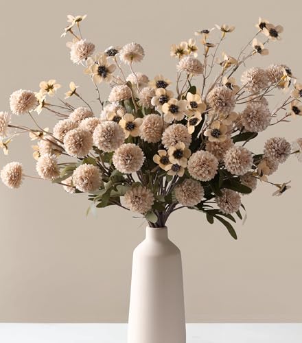 HyeFlora Fake Kiku Flowers, Faux Silk Pompon Mums Artificial Flowers, Chrysanthemum Stems Floral Arrangement Dried Flowers Vintage Decorative Indoor Home Decor Beige with Wax (Vase not Included) - color: 8pcs-beige Wax&kiku