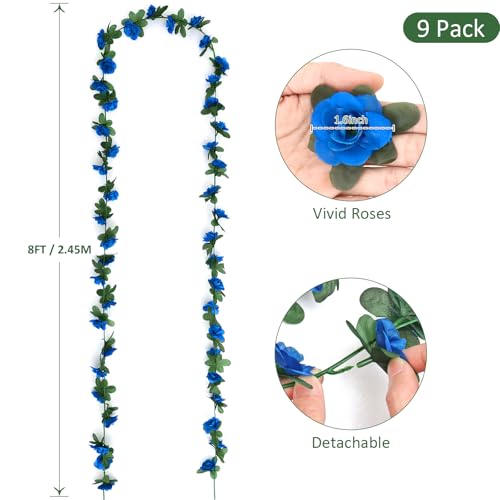 KHOYIME 9 Pack 72 FT Artificial Flower Garland, Fake Blue Roses Vines Silk Flowers Faux Plastic Outdoor Hanging Floral Ivy Garland Decoration for Wedding Arch Bedroom Home Wall Backdrop Room Decor - color: Blue, size: 9pcs