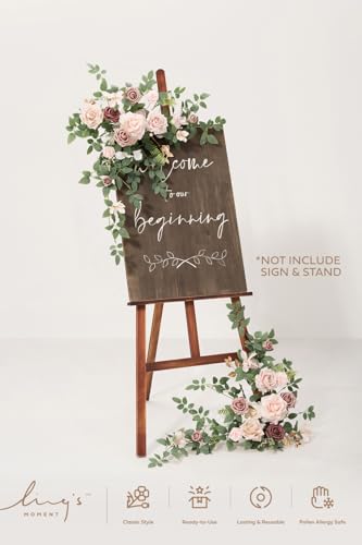 Ling's Moment Wedding Artificial Welcome Sign Flowers Swag Arch Floral Garland Decorations Dusty Rose Cream Ceremony Reception Entrance Entryway Party Banquets Easel Wall Home Outdoor(NOT Include Sign - color: Dusty Rose & Cream
