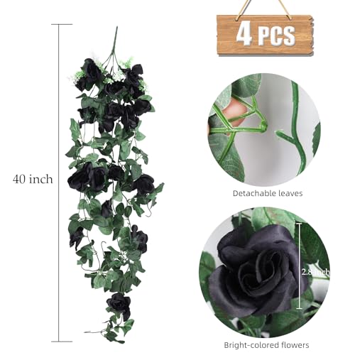 RECUTMS Artificial Black Rose Hanging Flowers Plants, 4 PCS 3.3Ft Fake Floral Halloween Garlands for Home Window Front Porch Garden Wedding Backdrop Wall Hanging Victorian Indoor Outdoor Party - color: Black, size: 4pcs
