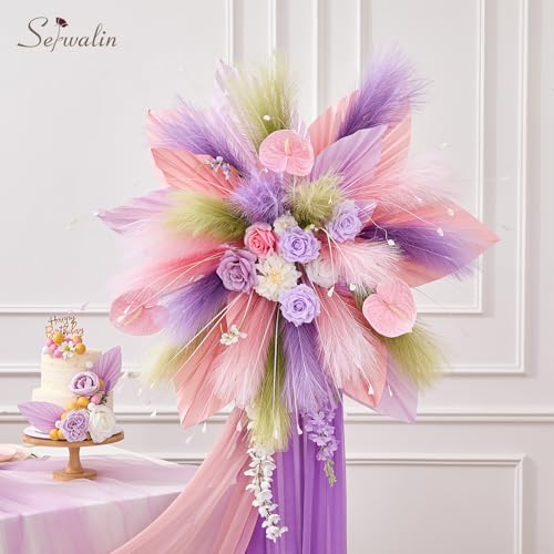 Serwalin Gradient Purple Pampas Grass Decor,17.7 Inch 6 Pcs Artificial Fluffy Pampas Grass,Short Faux Pampas for Home Room Bathroom Table Centerpieces Decoration - color: Z Gradient Purple, size: 17 Inch 6 Pcs