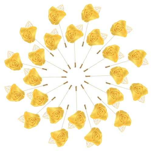 M METERXITY 48-Pack Flower Lapel Pins for Men, Golden Leaf Rose Boutonnieres Pin Groom Boutonnieres for Wedding/Dance/Party, Men Lapel Pins for Suits Satin Flower Corsage [Yellow] - color: Yellow