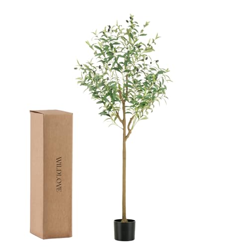 WILDLOVE Fake Olive Tree Artificial Indoor, Potted Faux Olive Trees with Natural Wood Trunk & Lifelike Fruits for Home Office Decor (6ft) - size: 6ft