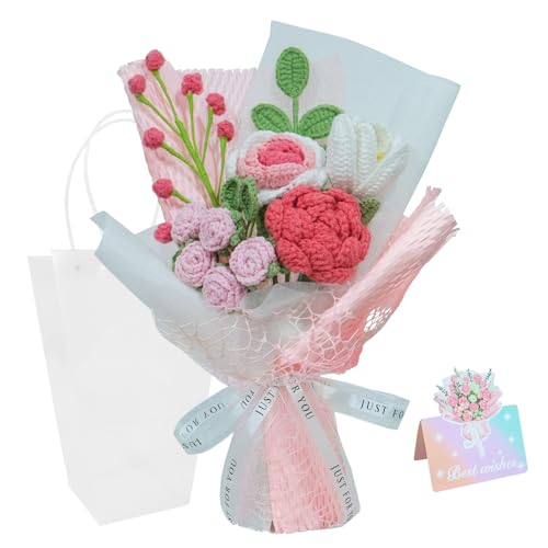 Crochet Flowers Bouquet,Handmade Knitted Rose,Artificial Flower Bouquet for Her, Wife,Lover ,Girlfriend ,Mother, Anniversary,Graduation,Friends,Birthday, Valentines Day Gifts,(with Gift Bag&Card) - color: Rose&pink, size: Large