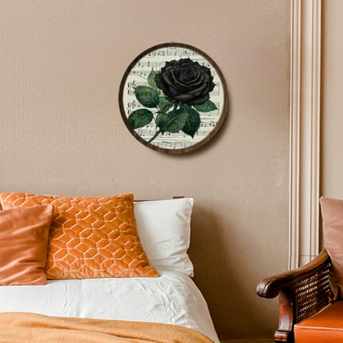 BIWSHA Vintage Halloween Black Rose Floral Wooden Wall Art Decor, Antique Gothic Dark Academia Floral Music Sheet Halloween Round Wall Hanging Decor for Home Bedroom Living Room, 10 Inch Diameter