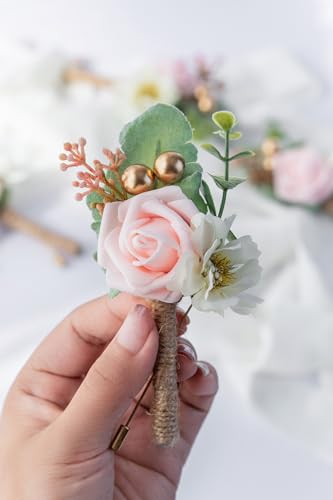 Boutonniere for Men Wedding, Groom Groomsman Artificial Rose Flowers for Wedding Anniversary Celebration,Prom,Party,Home Decoration Set of 2 (Blush) - color: Blush