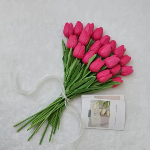 Fuchsia Artificial Tulips Real Touch Fake Flowers, 20 Pcs PU Faux Tulips 13.5", Realistic Tulip Bouquet for Wedding Centerpiece Spring Home Kitchen Dining Table Vase Decoration Easter Decor - color: Fuchsia