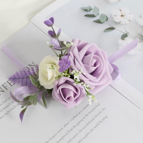 Purple Corsage for Wedding Bridesmaid Mother Grandmother, Set of 6 Prom Artificial Flower Corsage Wristlet Wristband for Women Girls Hand Flowers for Homecoming Ceremony Anniversary Suit - color: Purple