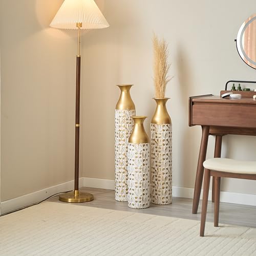 Floor Vases, Tall Home Decor Metal Vase Set of 3 Large Glazed Decorative Vases for Wedding Decor, Elegant Modern Flower Holder for Living Room, Entryway, Hallway - color: Leaf Mix White Gold