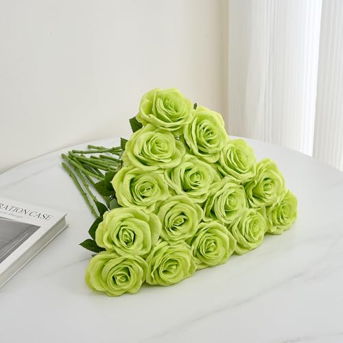 15pcs Green Fake Roses Artificial Silk Flowers Faux Rose Flower Long Stems Bouquet for Arrangement Wedding Centerpiece Party Home Kitchen Decor - color: 15pcs Green