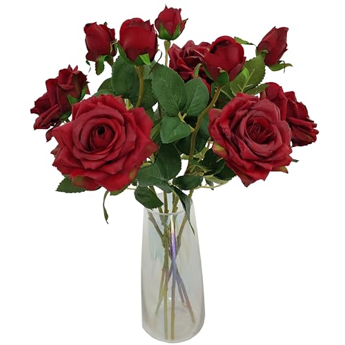 ATFL Fake Red Roses Flowers, 6 Pcs Faux Silk Real Touch Moisturizing Artificial Rose Flowers for Decoration DIY Wedding Party Home Office Decoration and Dining Table Centerpiece (6, red) - color: Red