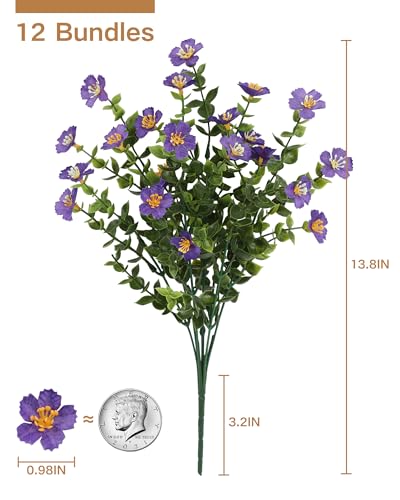 Fake Garden Flowers, 12 Bundles Artificial Flowers for Outdoor Front Porch Home Kitchen Bedroom Garden Patio Festival Decoration -Purple - color: Purple