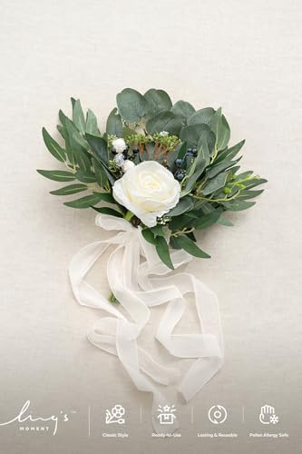 Ling's moment Artificial Flowers White Bridesmaid Bouquet, White and Sage Wedding Flowers Bouquets for Bridesmaids, 7 Inch Bridal Bouquets for Bridesmaids, Wedding, Ceremony, Anniversary, etc - color: Wht-white